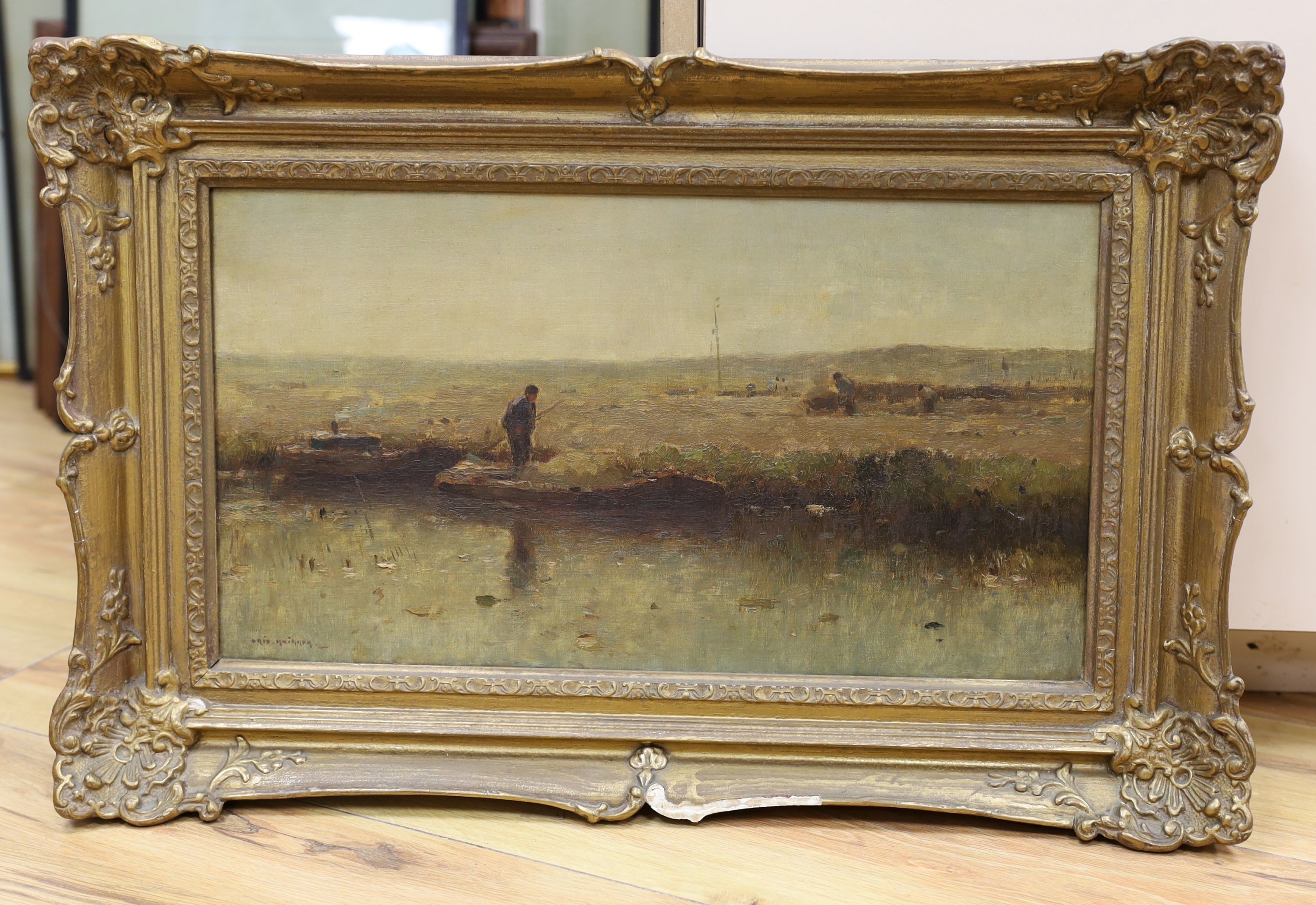 19th Century Dutch School, oil on canvas, Boatman amongst marshes, indistinctly signed, 24 x 44cm